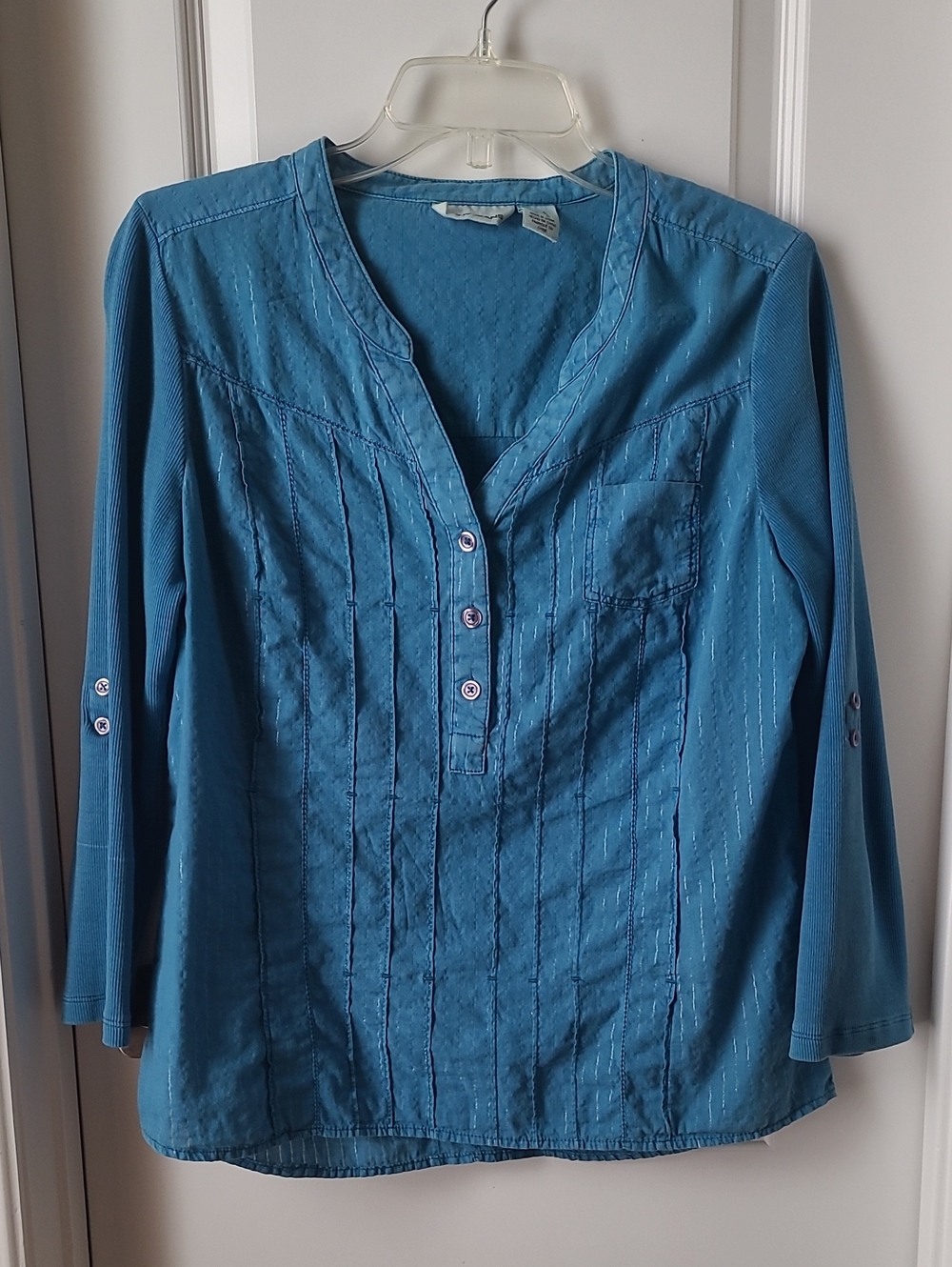 DKNY Teal Pintuck Long Sleeve Henley Top